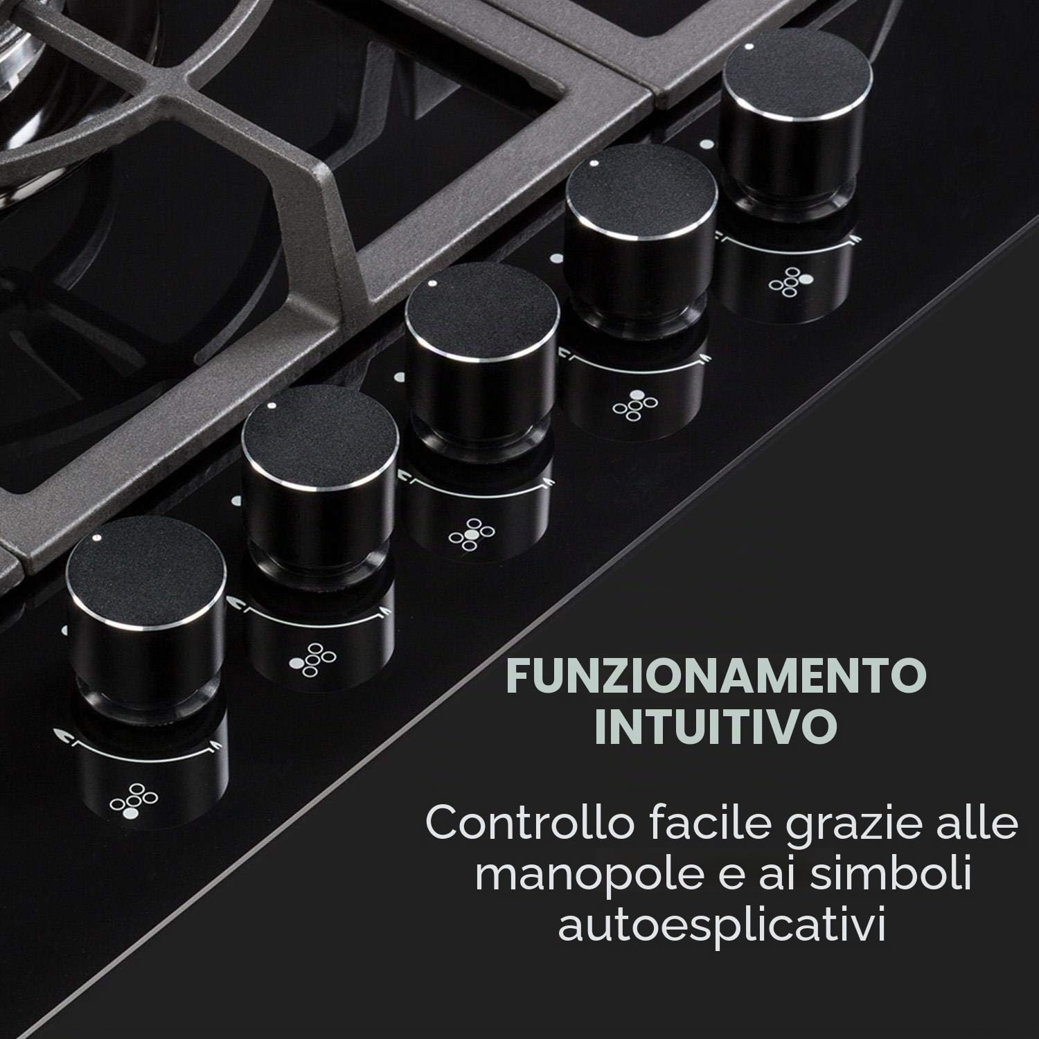 KLARSTEIN Ignito - Piano Cottura a Gas, Piastra da Incasso, Bruciatore Sabaf, Gas Naturale/Gas Propano, Valvole di Sicurezza, Spegnimento Automatico, Acciaio Inox, 5 Fuochi, 75 cm, Nero