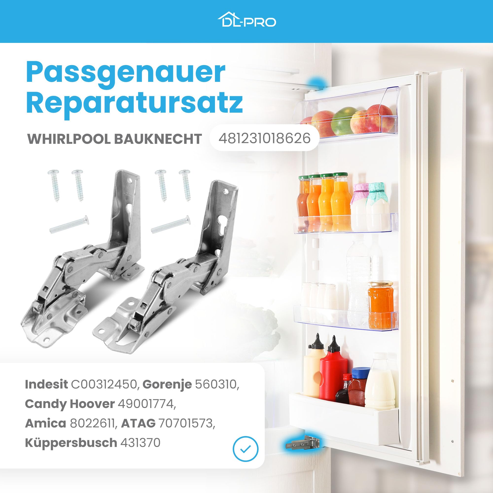 DL-pro Türscharnier Set oben + unten für Whirlpool Bauknecht Ignis 481231018626 Indesit Hotpoint C00312450 Scharnier Kit Hettich mit Montagesatz für KDI KGI KVI KVIC Kühlschrank Gefrierschrank