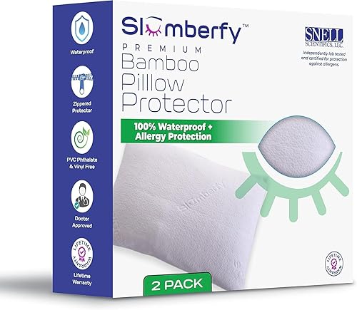 Slumberfy - Protector de almohada de bambú impermeable de tamaño estándar, fundas de almohada premium con protección contra alergias, funda de