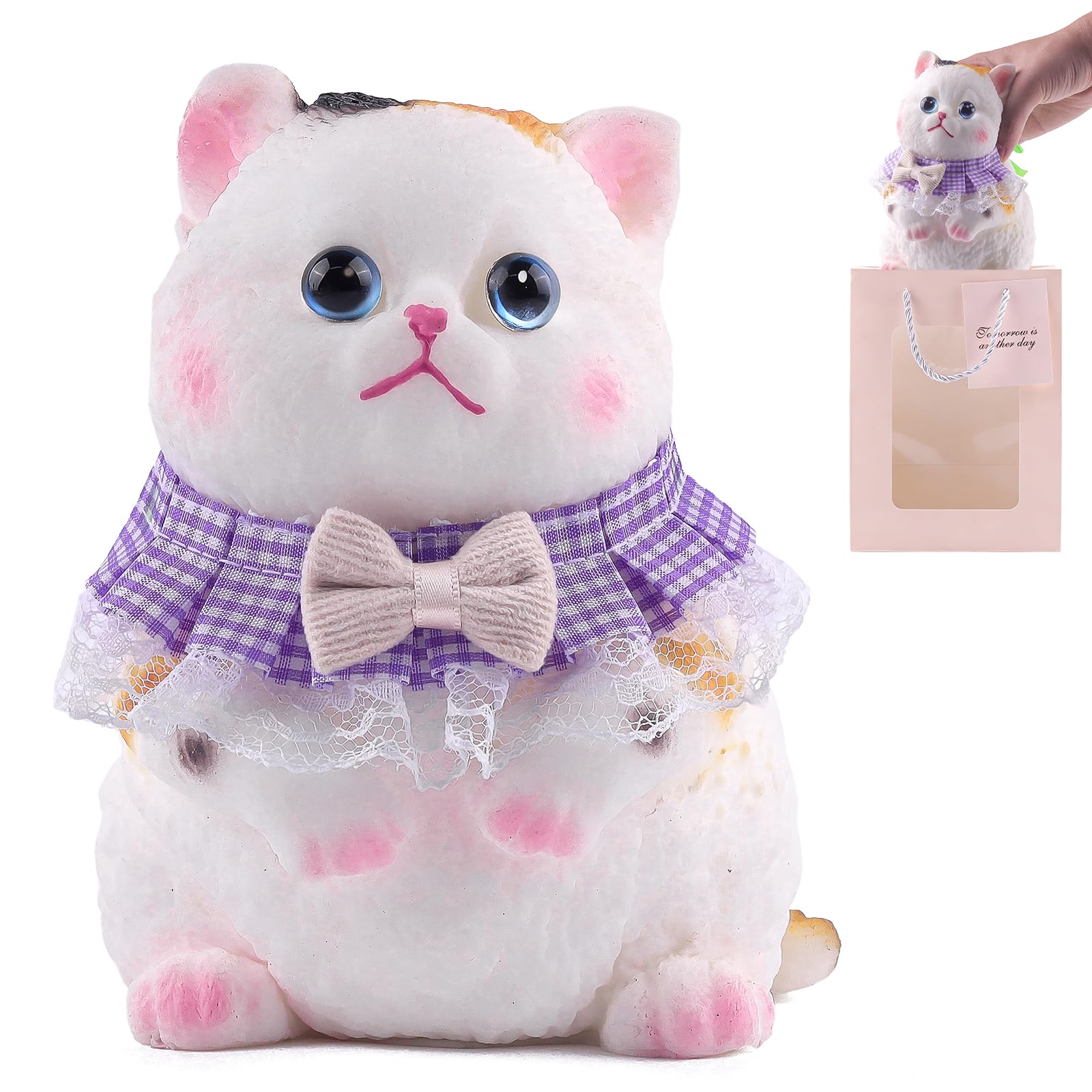 Anboor Big Cat Squishy Toy, Soft Calico Cat Squeeze Stress Relief Toys with Bowknot Collar