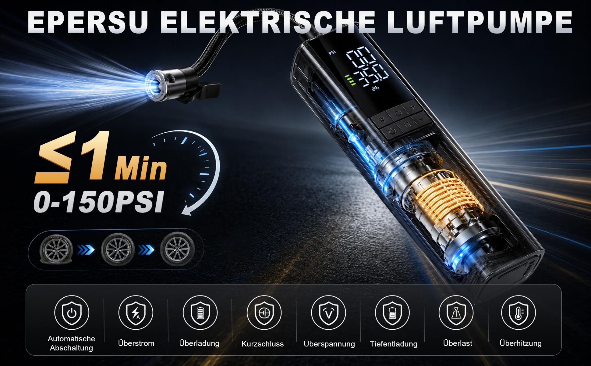 Bomba de aire eléctrica 150PSI con autostop – Compresor de batería EPERSU portátil, preajuste preciso de presión bomba de bicicleta para coche, moto, bicicleta eléctrica, scooter eléctrico y pelotas