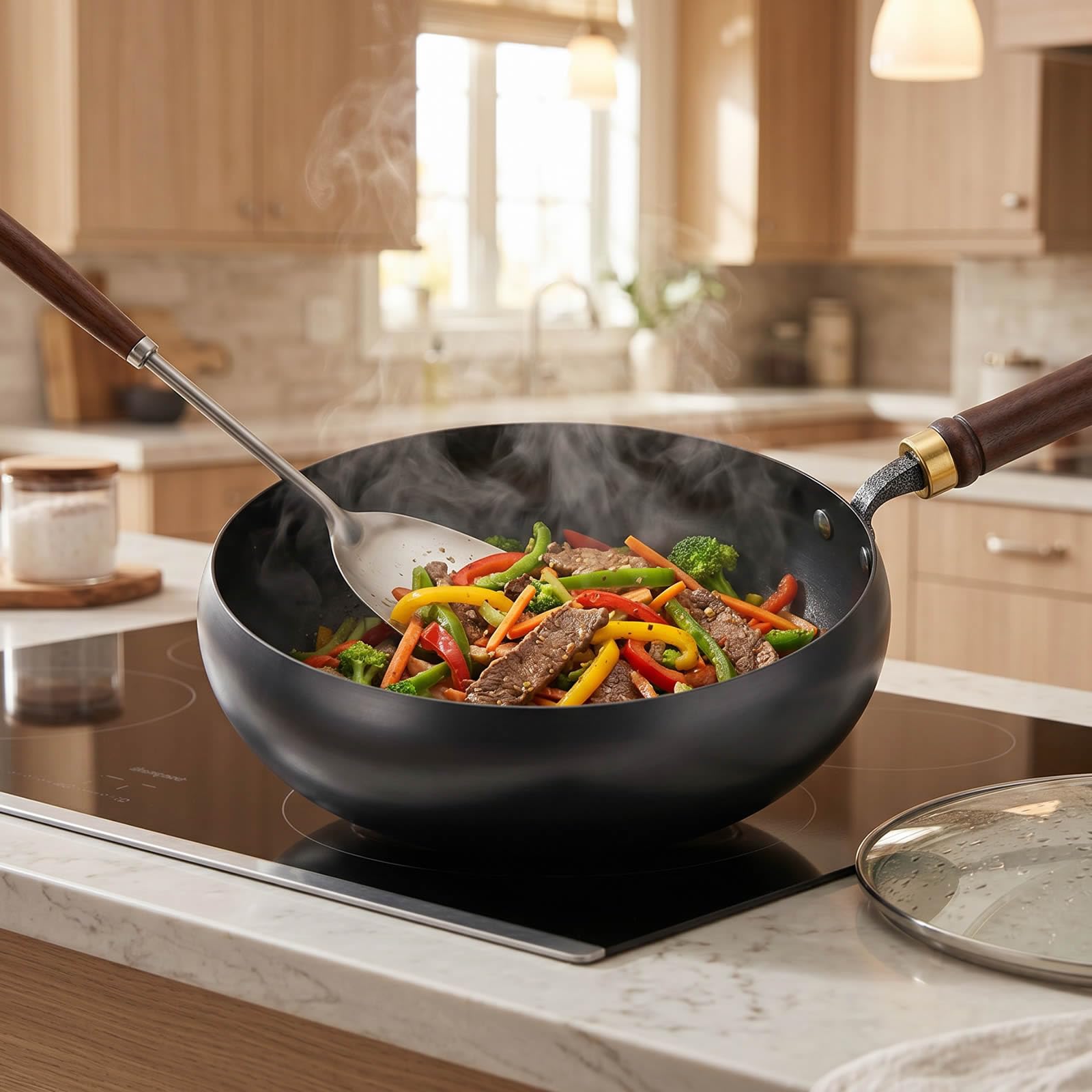 pentola wok in ferro 28 cm, non rivestita, forgiata a mano | antiaderente naturale, resistente e antiruggine, fondo tondo, compatibile con gas e induzione, con coperchio in vetro