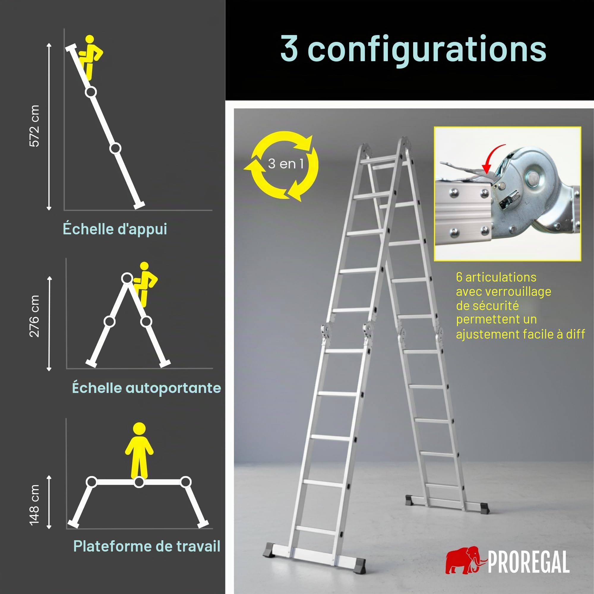 PROREGAL Échelle multifonctionnelle à barreaux MULTISTEP, 4 Parties en Aluminium, 4x5 barreaux, Hauteur maximale 5,7 m, Charge maximale 150 kg, échafaudage, échelle Double, échelle Simple