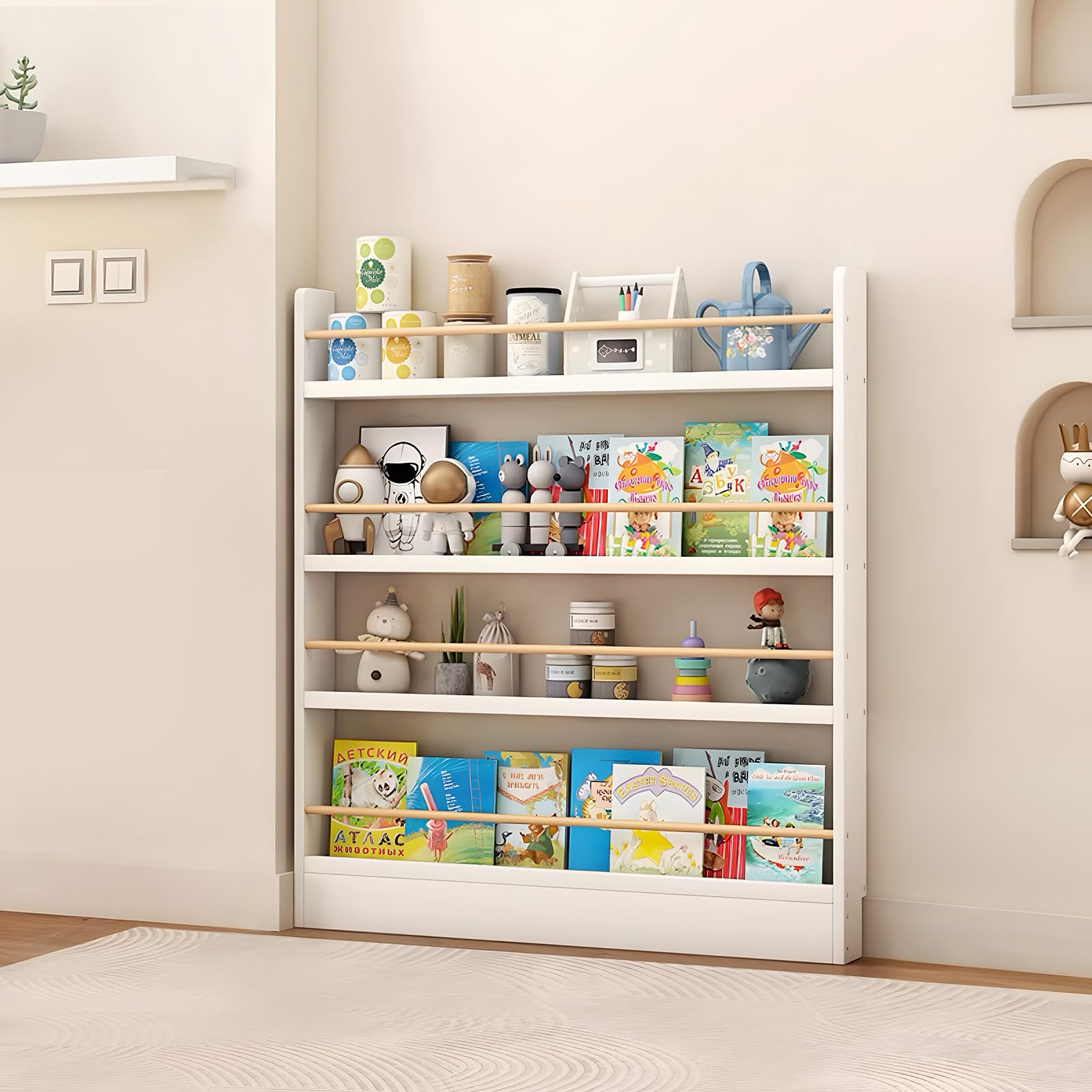 JFOZDM Kids Bookshelf, Book Shelf for Kids Room, 3/4/5/6 Tier Wall Mounted Bookshelf, Space-saving/Anti-dumping, Toy/CD/Book Organizer, Kids Bookcase for Child's Room/Home/Living Room