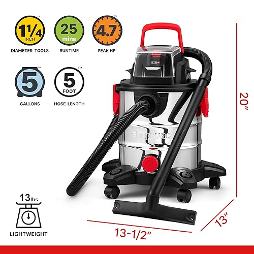 Miniatura 2 de Shop-Vac Aspiradora inalámbrica en húmedo y seco de 20 V, 5 galones, 4.7 CV pico, succión fuerte de 10 kPa y soplador, aspiradora de tienda