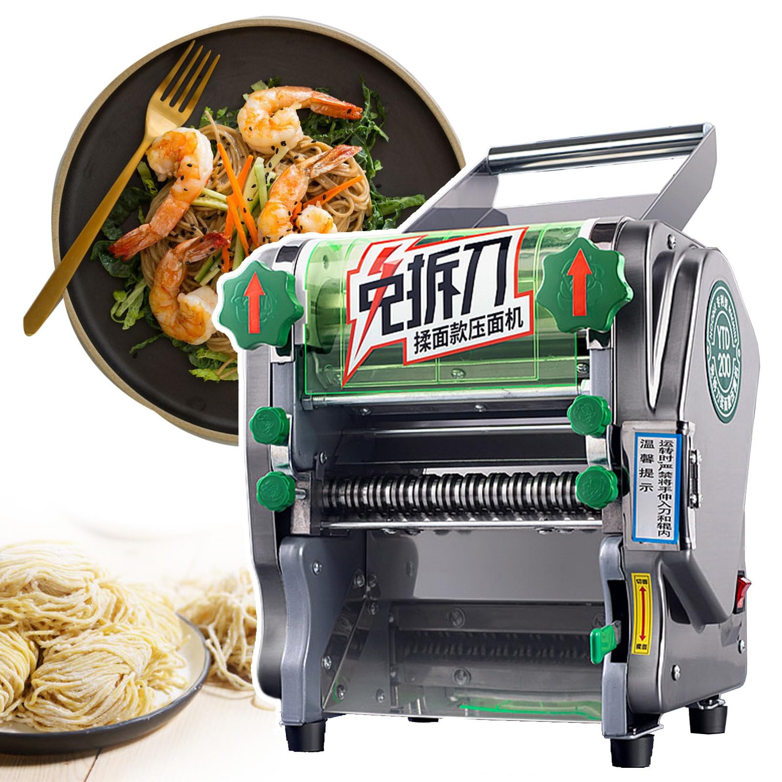 Máquina para Hacer Pasta eléctrica de Acero Inoxidable con 2 moldes de Corte (Fideos de 3/9 mm de Ancho y Fideos Redondos de 1,8 mm) Máquina prensadora de Pasta Fresca de 750 W