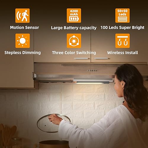 Miniatura 2 de Aipolloo Paquete de 2 luces LED con sensor de movimiento para debajo del gabinete, 4200 mAh recargables debajo del mostrador, 100 luces LED