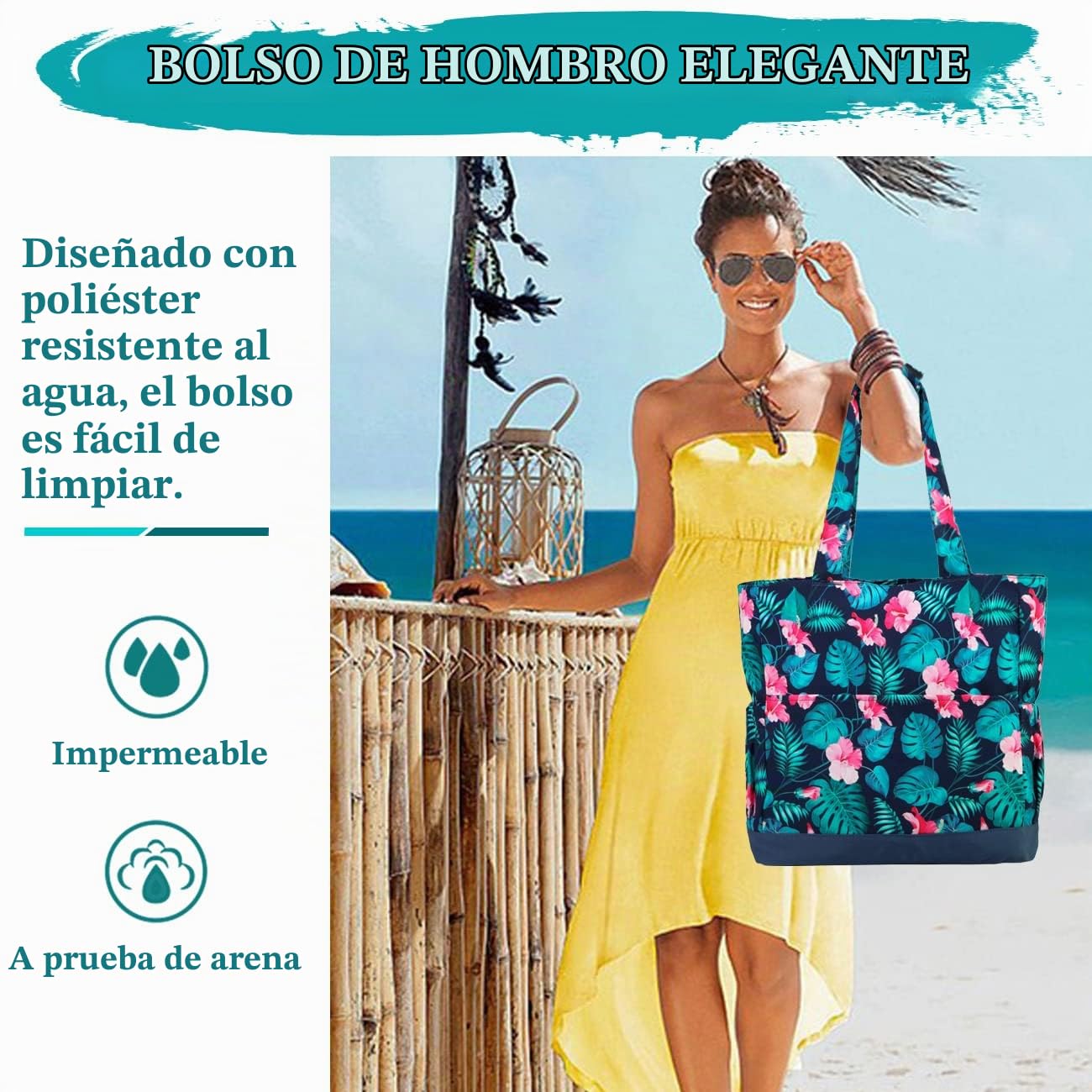 VASCHY Bolso Playa Mujer Grande XXL Familiar con Cremallera Plegable 17,3L