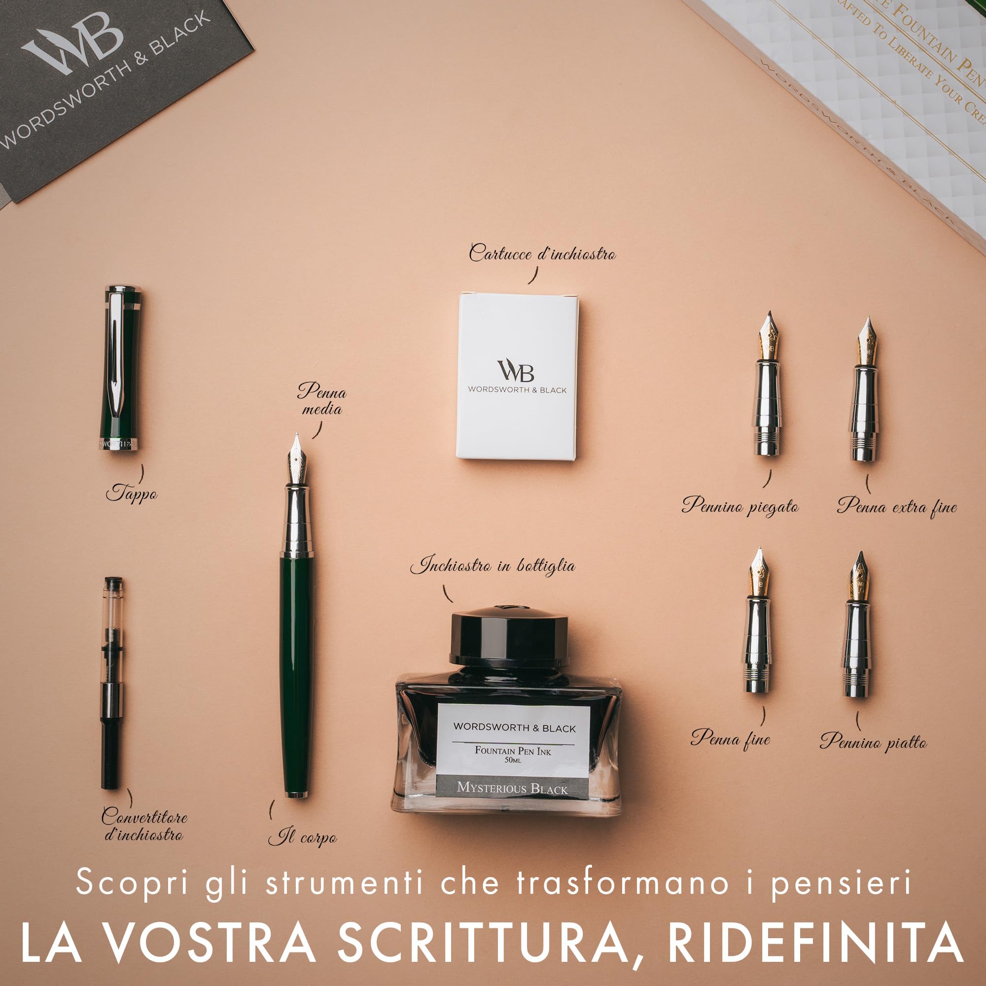 Wordsworth & Black's Set penna stilografica Legno di bambù - Pennino medio, Astuccio regalo; Include 6 cartucce d'inchiostro, Convertitore ricarica inchiostro - Liscia Scrittura [Legno nero