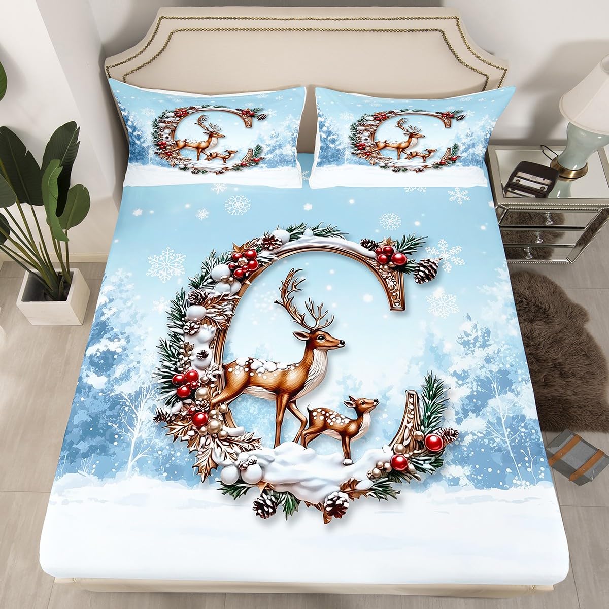 Homewish Juego de sábanas con monograma de letra C, diseño de ciervos y niñas, decoración de Navidad, juego de ropa de cama con copos de nieve, sábanas bajeras ajustables personalizadas con letras