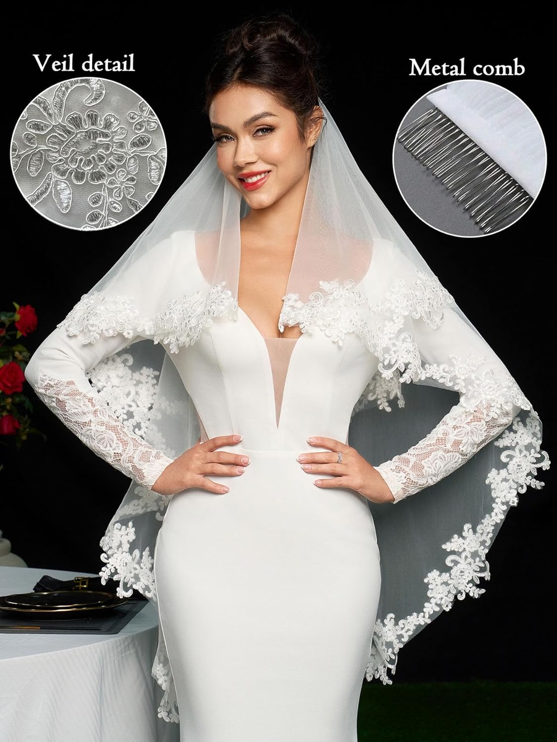 2 Tier Fingertip Length Lace Wedding Bridal Veil with Comb for Bride - Image 4
