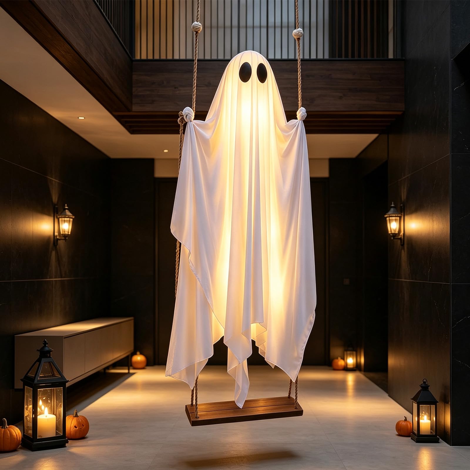 Halloween Decoration - Fantome sur Balancoire,Decoration Halloween Exterieur,100 cm avec Guirlande Lumineuse Balançoire Suspendue Fantômes avec Télécommande, Décoration d'Halloween Fantôme d'extérieur