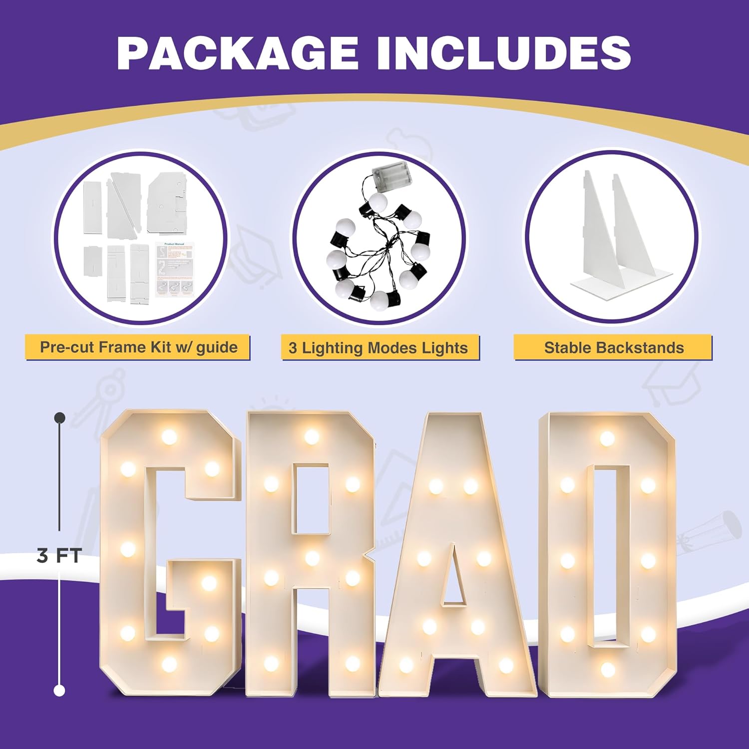 2026 Graduation Decorations - 3FT Large PRE-CUT GRAD Marquee Letters Kit - Mosaic Foam Board Sign - Class of 2026 Congrats Party Supplies for Kindergarten Preschool High School College