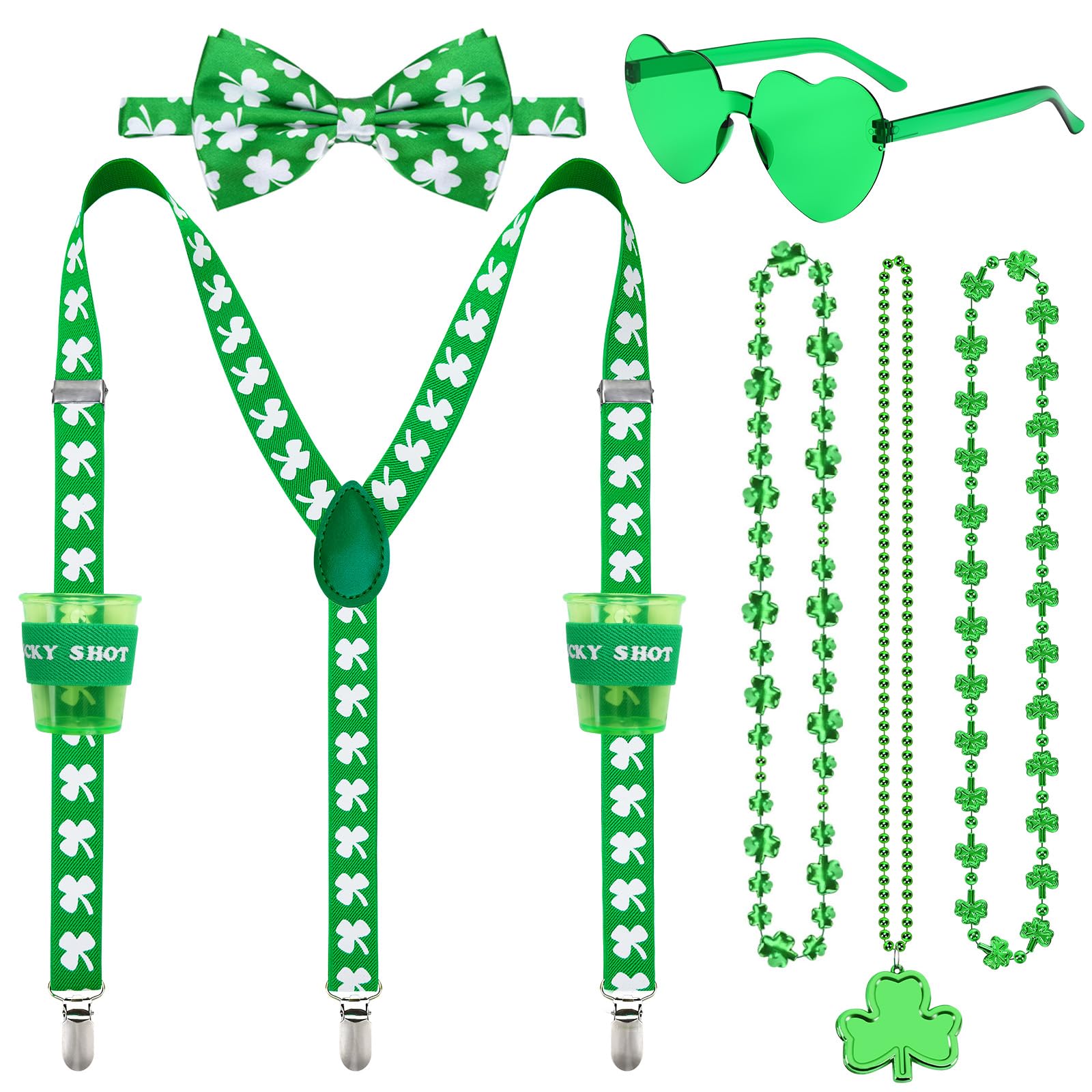 6 Pieces St Patricks Day Accessories Set, St Patricks Day Suspenders with Clips Bow Tie Shamrock Sunglasses and Necklaces for Men Women Irish Party-image-48