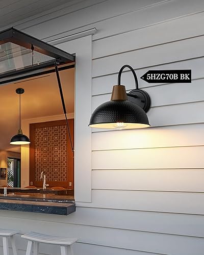 Miniatura 4 de HWH 5HZG70B-PC BG - Lámpara de porche para pared al aire libre, aplique de pared de granero de cuello de cisne con pantalla de metal martillado,