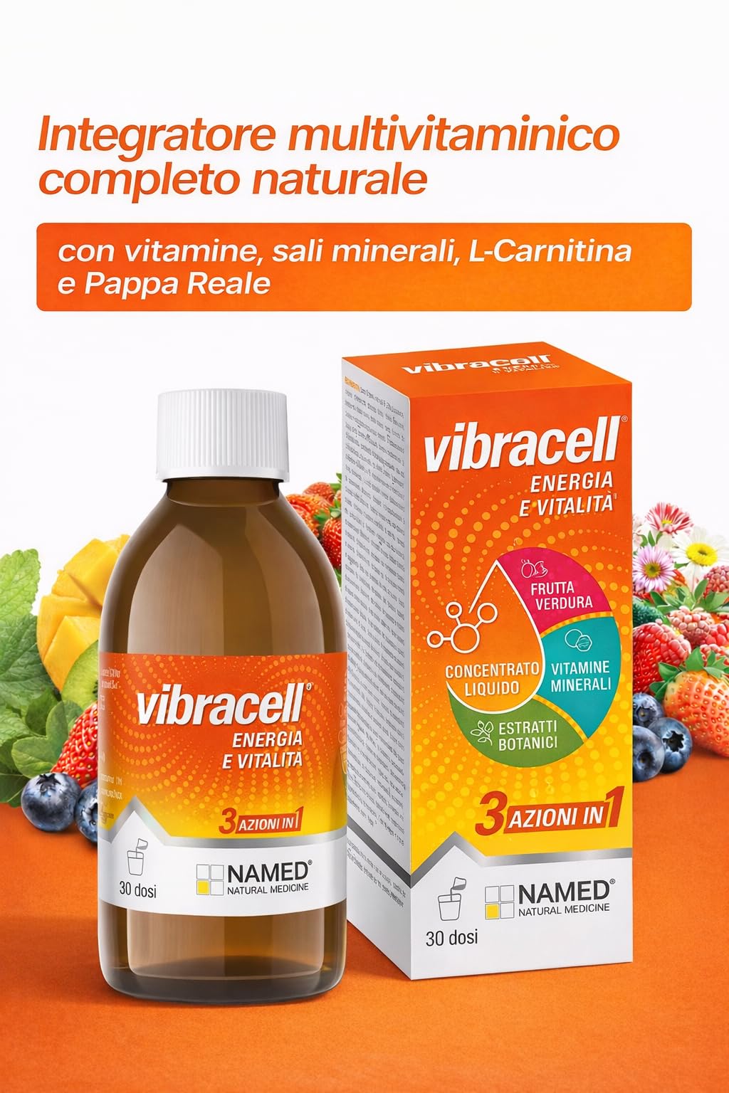 NAMED Vibracell Integratore Multivitaminico Completo Naturale | Con Vitamine, Sali Minerali, L-Carnitina e Pappa Reale | Integratori Energia e Vitalità per Adulti e Bambini | 450 ml (150 ml + 300ml)