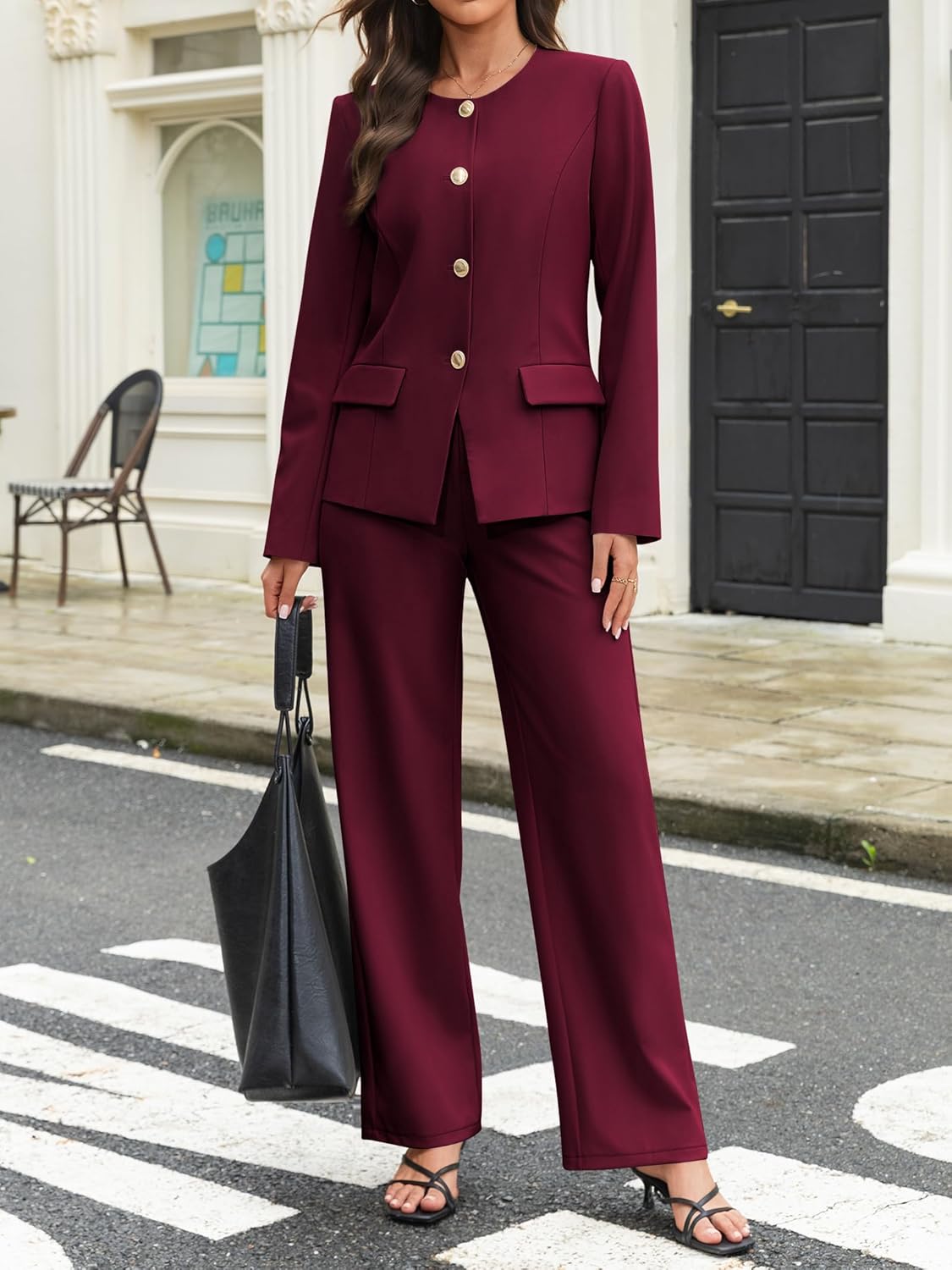 Casly Lamiit Women's 2 Piece Business Casual Outfits Crew Neck Button Down Blazer Wide Leg Dressy Pants Suit Sets - Image 5