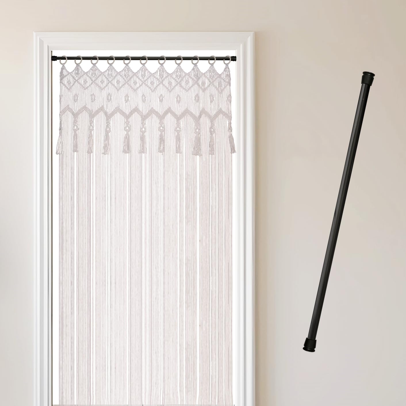 Cozyor Makrama, zasłona w stylu boho, z drążkiem, 70-120 cm, bez wiercenia, zasłona okienna, 132 x 200 cm, ścianka działowa, ozdoba na ścianę i dekoracja, czarno-biała, wesele, balkon, ręcznie