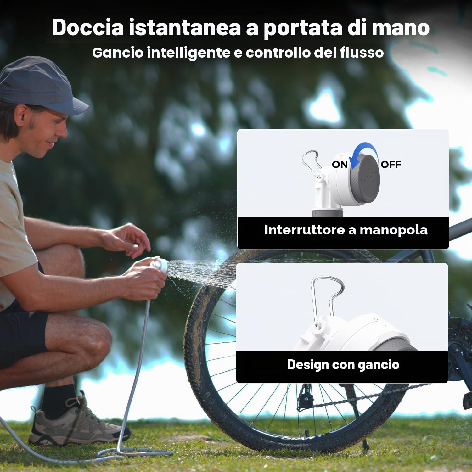 FLEXTAILGEAR Doccia portatile da campeggio con pompa, tubo 2,2 m, ricarica USB-C e modalità flusso a risparmio d'acqua, per giardino, viaggi, spiaggia e animali domestici