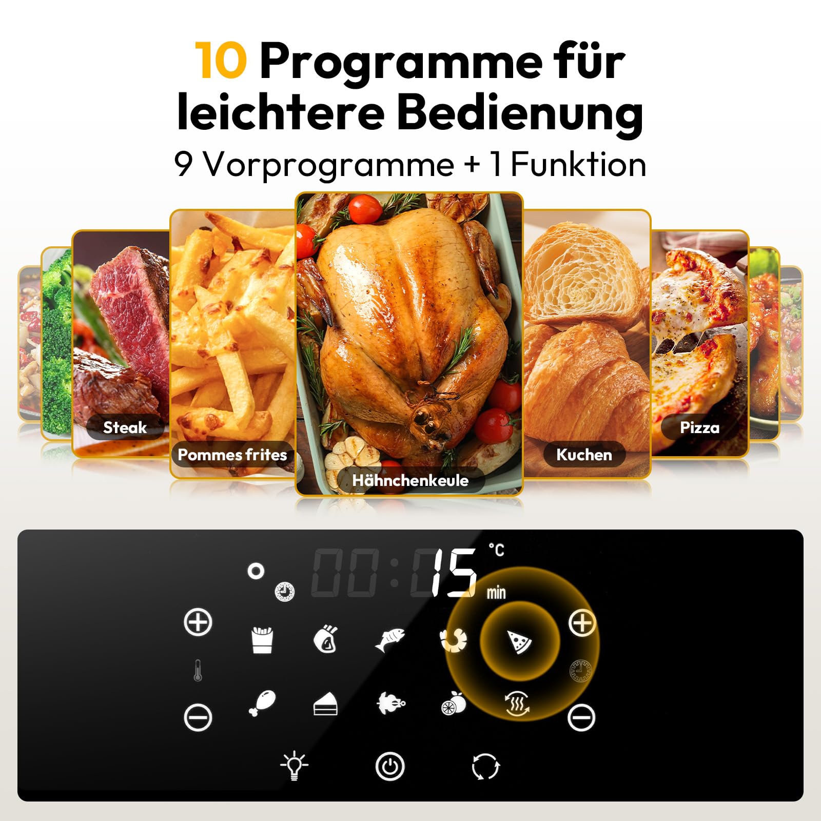 LLIVEKIT 15L XXL Heißluftbackofen, 10 in 1 Heißluftfritteuse, Mini Backofen mit Umluft 1800W, 3 Etagen, Drehspieß, 7 Zubehörteile, 90% weniger Öl, abnehmbare Tür, spülmaschinenfest, PFOA-frei