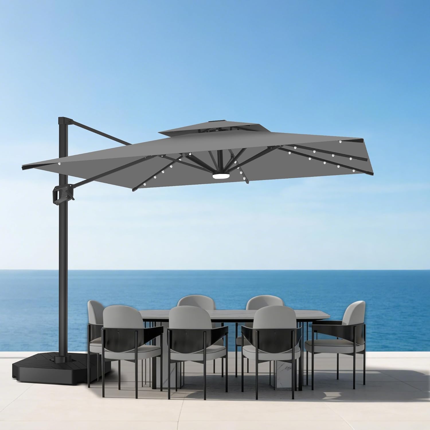 Aegis Pro 10' X 10' Cantilever Umbrella with Built-In LED Lights, Reinforced Aluminum Ribs & Pole, 360-Degree Rotation, Includes Cover for Garden Deck Pool Patio