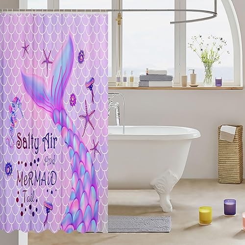 Miniatura 3 de Cortina de ducha infantil para niñas, sirena, cortina de baño de sirena de 72 x 72 pulgadas, cortina de baño con cola de sirena morada, cortina de