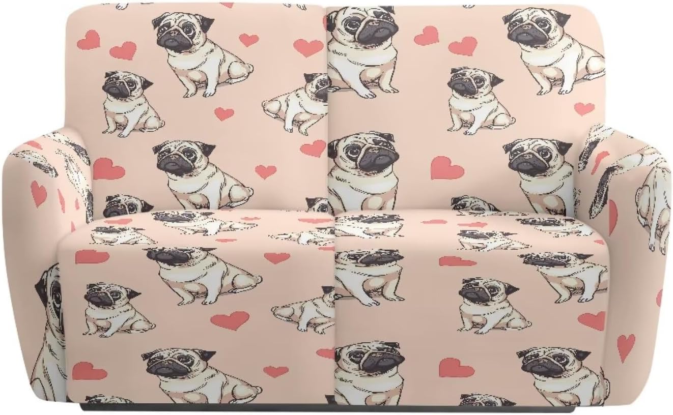 Pug Slipcovers for Recliner Loveseat, 6 Pieces Stretch Reclining Sofa Cover 2 Seats Couch Slipcover Elastic Polyester Furniture Protector Easy to Install
