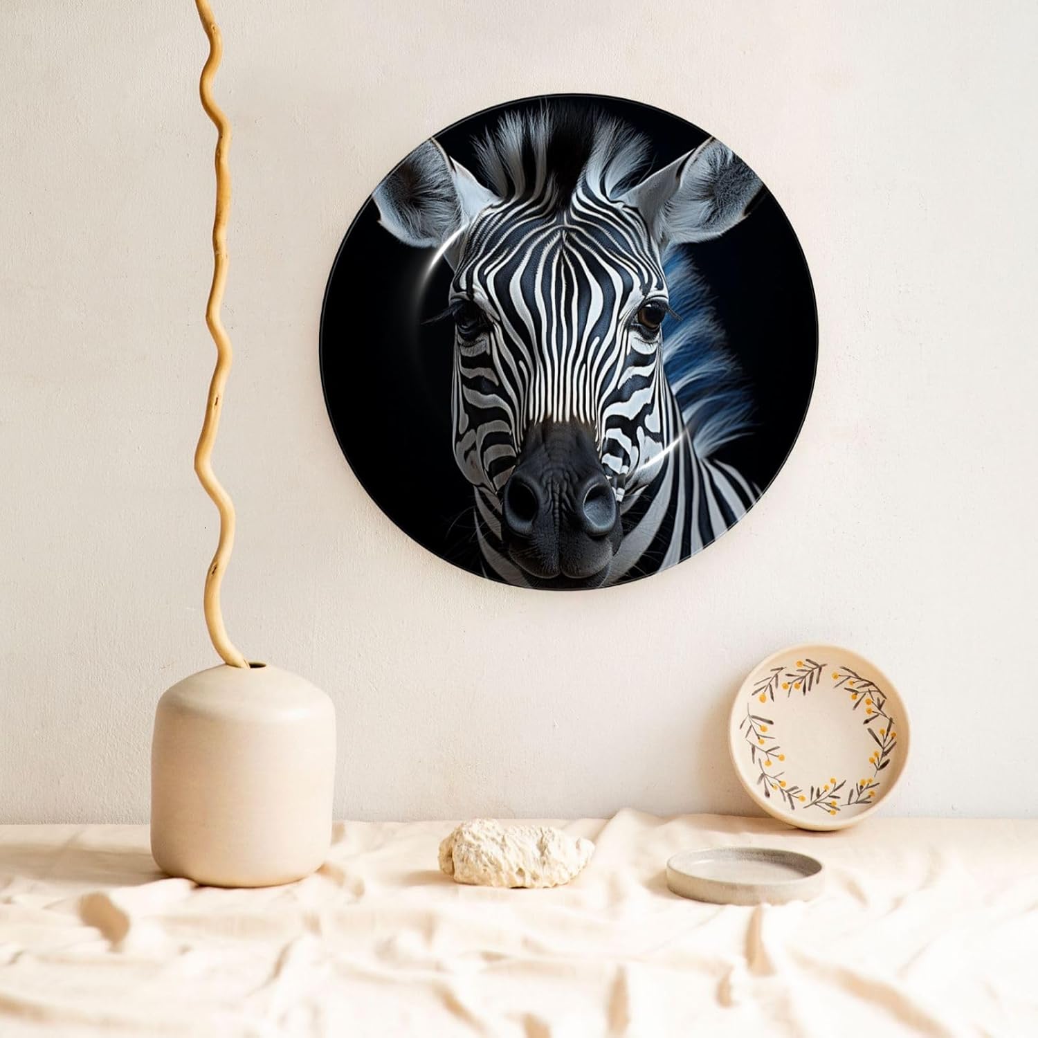 Bone China Decorative Plate with Display Zebra Print Ceramic Plates Crafts Art Decor Dessert Plate Ceramic Ornament Porcelain Plates for Living Room Kitchen Table Home Decor