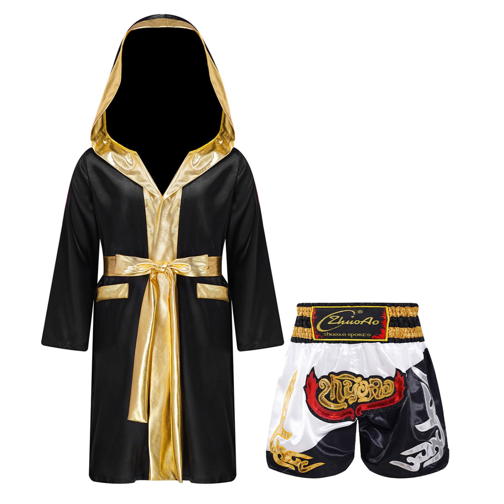 Kickboxer, maillot de kickboxer, en satin, avec short, ceinture, peignoir à capuche, robe de boxe