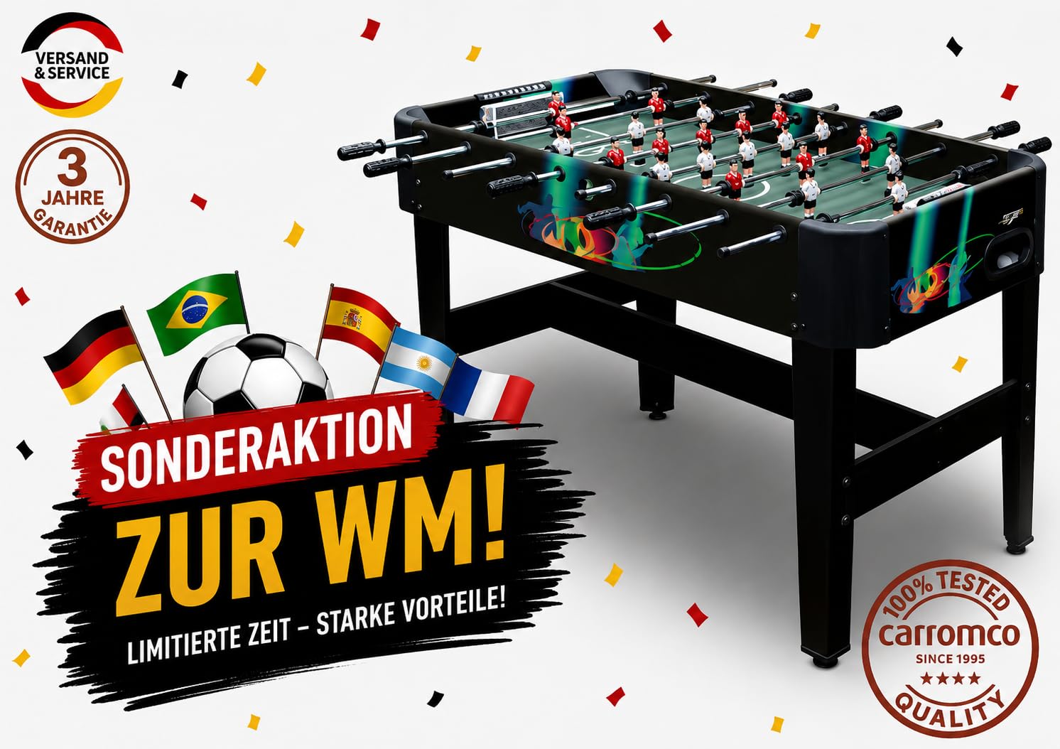 Carromco Tucana-XT Tischkicker in Schwarz | Kompakter Familien Kicker | STABILER FAMILIEN-KICKER 122x61x83cm: Kickertisch für Kinder, Jugendliche & Erwachsene. Inkl. 2 Bällen mit 32mm Durchmesser