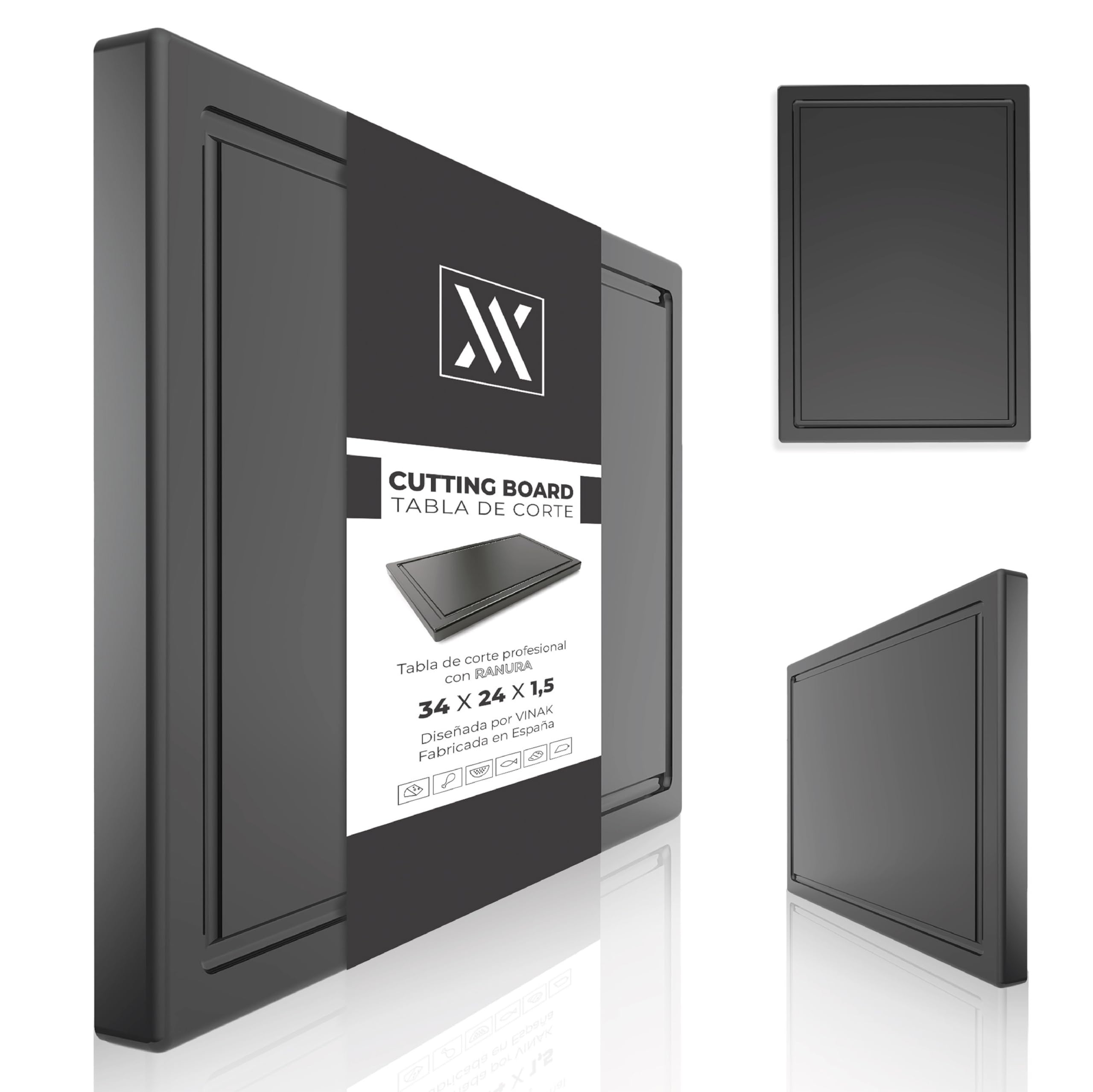 Tabla de corte de cocina con ranura y tacos antideslizantes | Fabricada en PE-HD resistente y antibacteriano | Para picar y cortar todo tipo de alimentos | 340x240x15 mm (Negro)