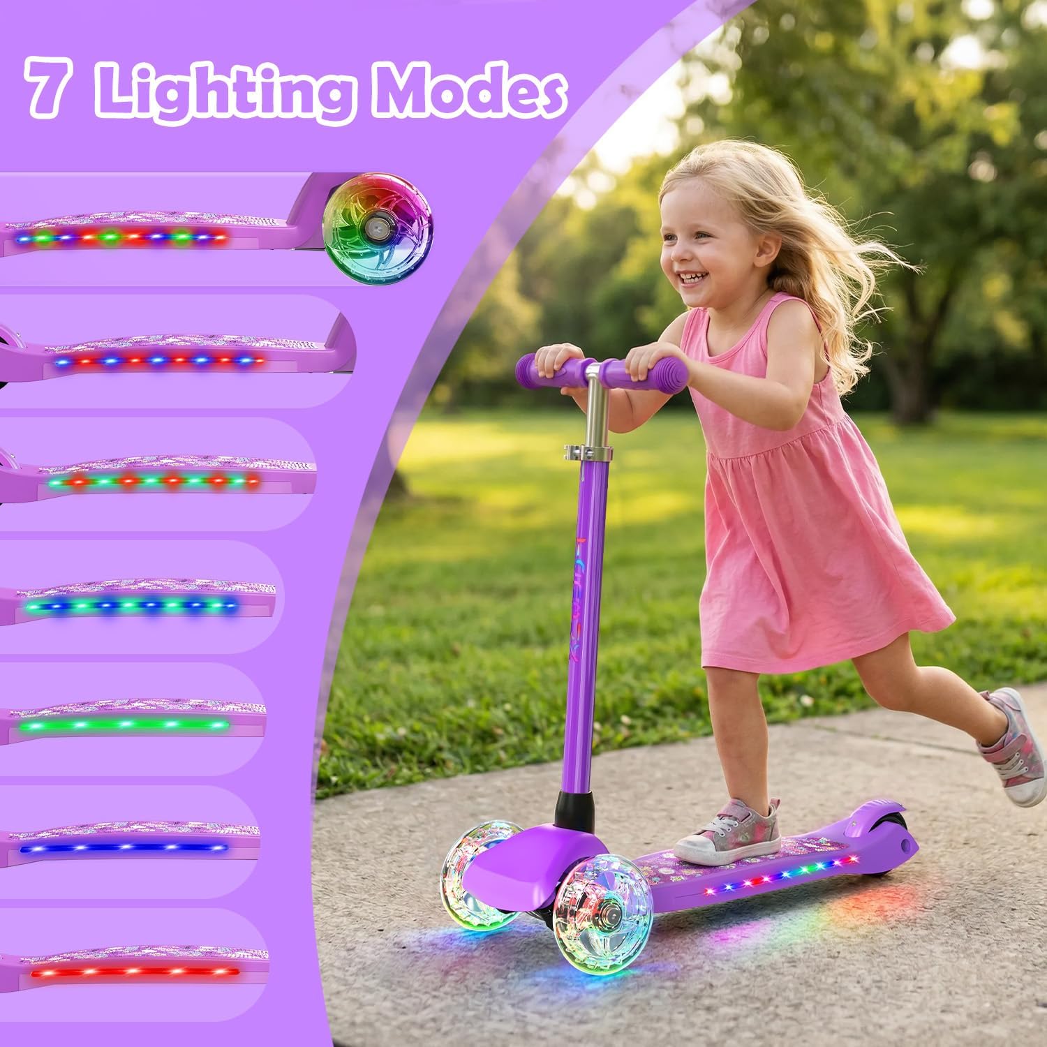 TONBUX Kids Scooter for Ages 3-8: 3-Wheel Kick Scooter with LED Light-Up Wheels & Deck, 7 Lighting Modes, 4 Adjustable Heights, Metal-Reinforced Deck, Lean-to-Steer Balance Training Toddler Scooter