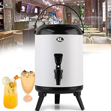 6L/8L Stainless Steel Milk Tea Insulation Bucket, Commercial Insulated Beverage Dispenser, Coffee Urn Insulated Container Large Capacity for Store Juice and Milk, White
