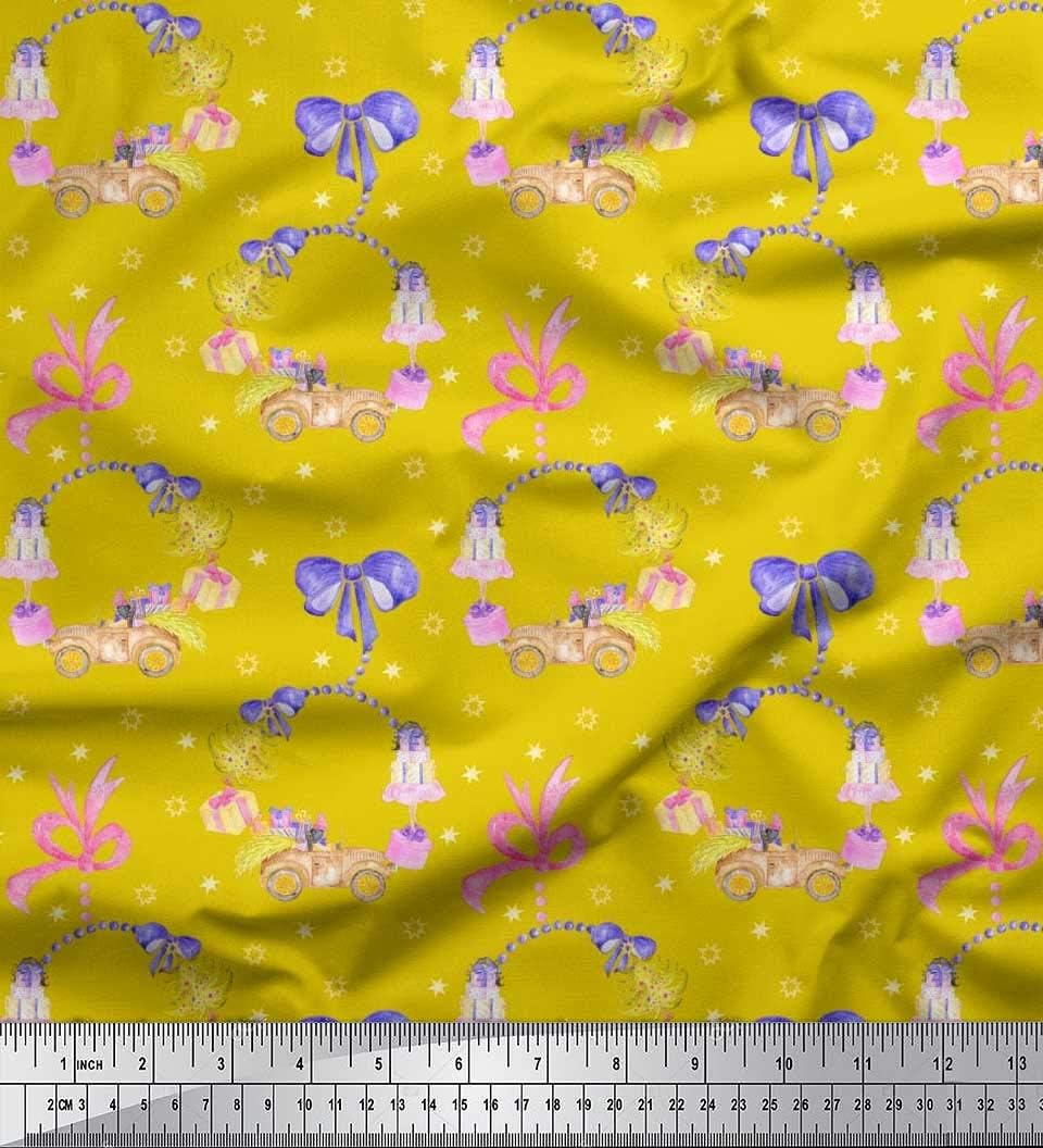 Soimoi Yellow Cotton Voile Fabric Christmas Tree,Girl & Gift Box Party Print Fabric by Yard 56 Inch Wide