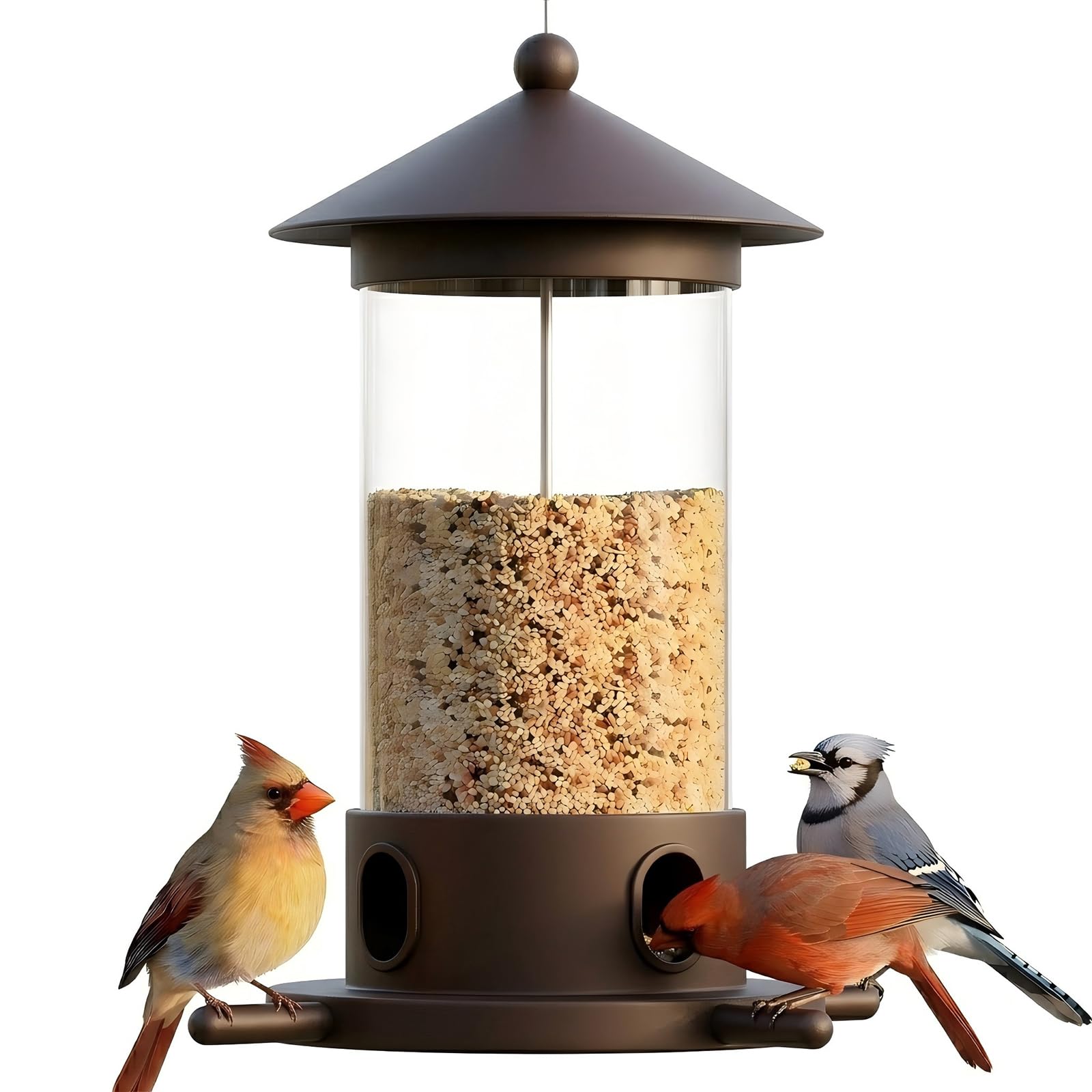 MrCrafts Vogelfutterstation aus Metall zum Aufhängen im Freien – Premium Eisen-Wildvogel-Futterspender, Bronze-Schwerlasteisen mit Drainagelöchern, Einhand-Nachfüll-Schiebedach, elegante