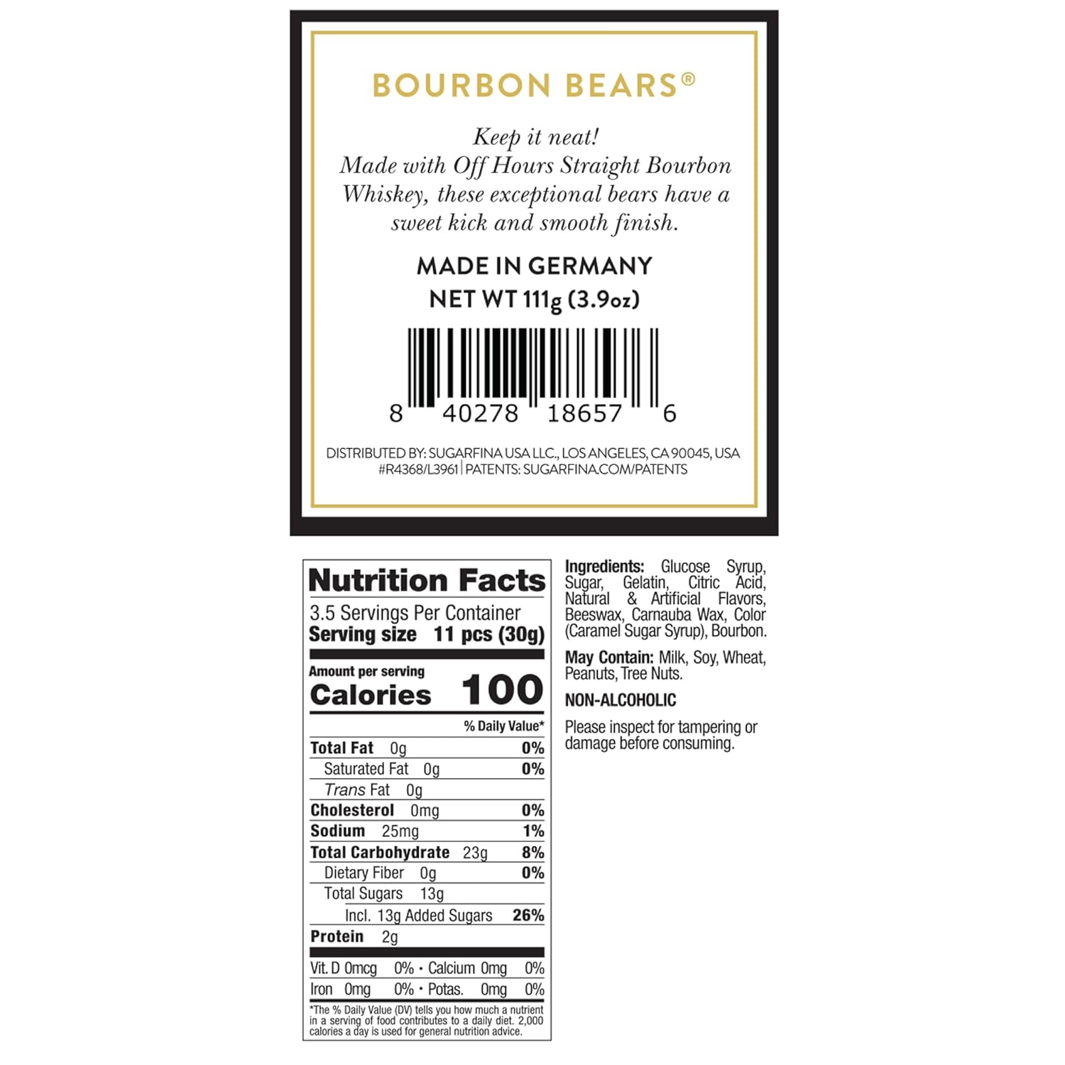 Sugarfina Bourbon Bears Small Candy Cube, 3.3 oz, 4 Count | Non-Alcoholic, Bourbon-Flavored Gummy Bears