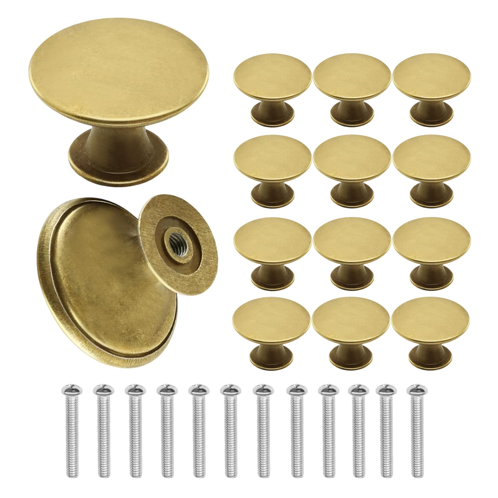 HDFHDF 12pcs Antique Brass Door Knobs Knobs for Cupboards Draws Stainless Steel Circular Single Hole Wardrobe Drawer Tea Water Cabinet Knob with Screws (Gold Vintage Bronze)
