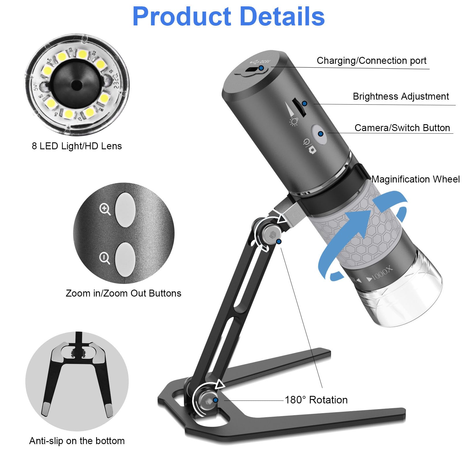 WiFi Digital Mikroskop, Kabelloses Tragbares Handmikroskop mit 4K-HD-Kamera, 50-1000X Vergrößerung, mit Verstellbarem Ständer, Kompatibel mit Smartphones, iPad, Mac und Windows-PCs