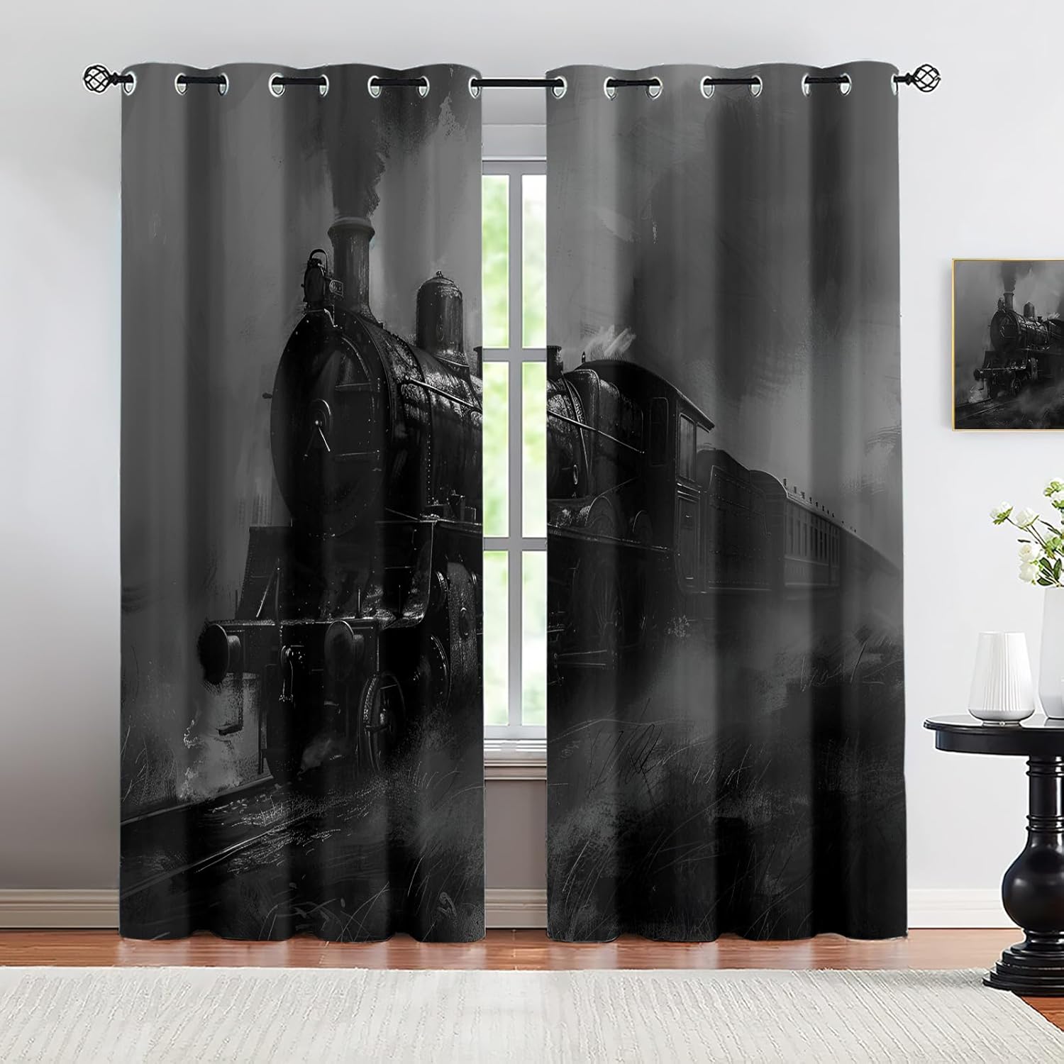 Retro Steam Engine Blackout Curtains for Bedroom Living Room, Railway Track Curtains & Home Decor, Vintage Transport Window Treatments, Thermal Grommet Train Drapes, 84" Curtains 2 Panel Set