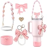 Stanley Cup Accessories Set,Bow Straw Cover, Water Bottle Handle Strap, Siliocne Cup Boot, Pearl Charms, Straw Topper for 40oz & 30oz Stanley Tumbler for Women (Pink)