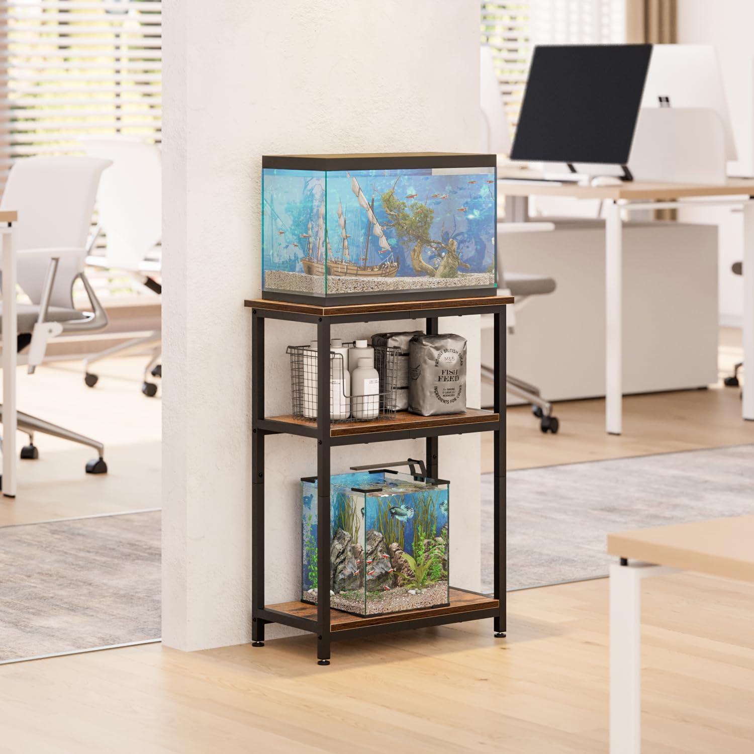 APPLOYN Aquarium-Ständer mit 3-stöckigem Aufbewahrungsregal, robuster Metallrahmen für Schildkröten, Reptilien, Terrarium, für Wohnzimmer, 52,1 x 29 x 29,5 cm (L x B x H), Vintagebraun