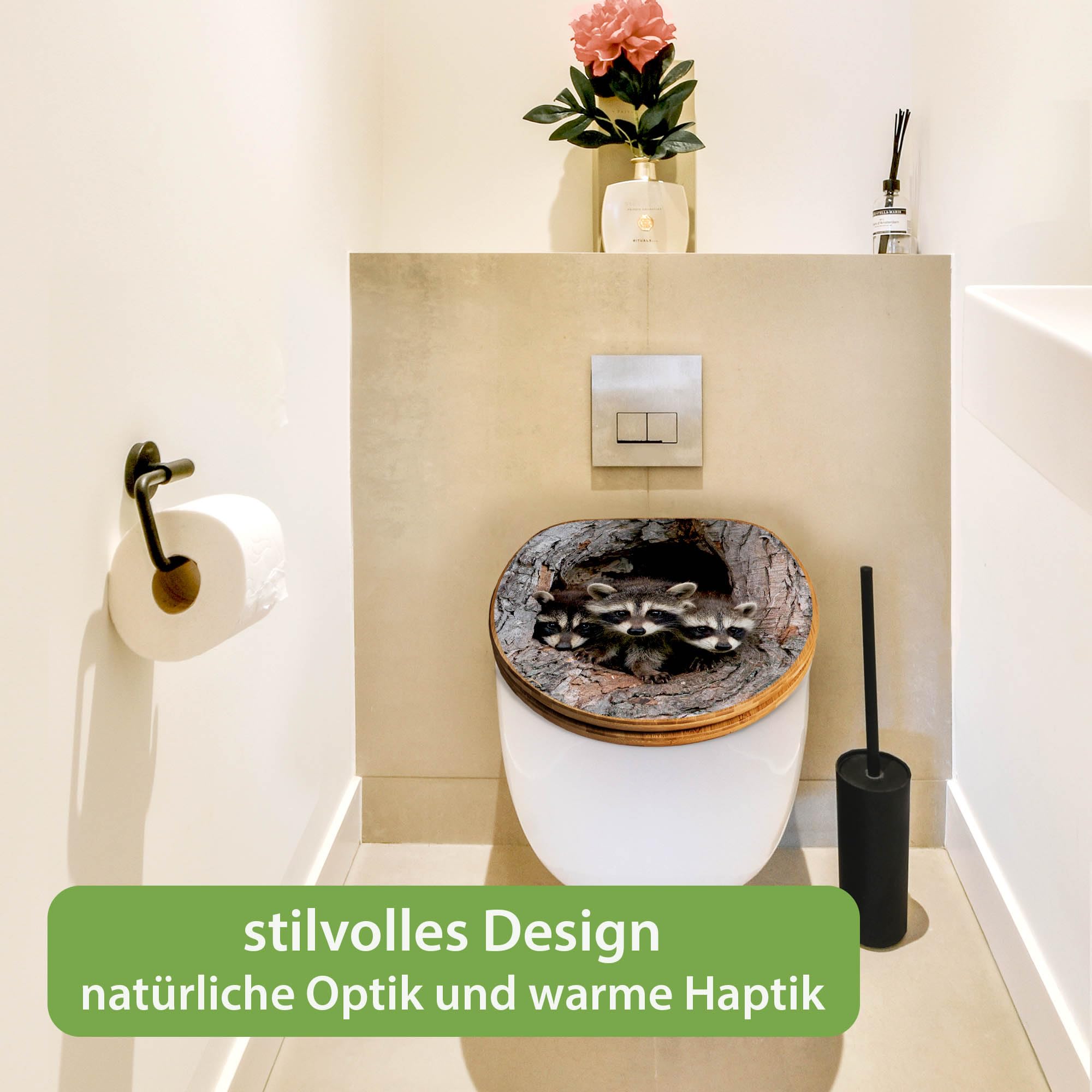 banjado Design WC Sitz Bambus Absenkautomatik 45,8x37,5cm - Toilettendeckel mit Absenkautomatik Holz - hochwertiger Bambus Klodeckel - WC-Sitz für gängigen Toiletten - Motiv Drei Waschbären