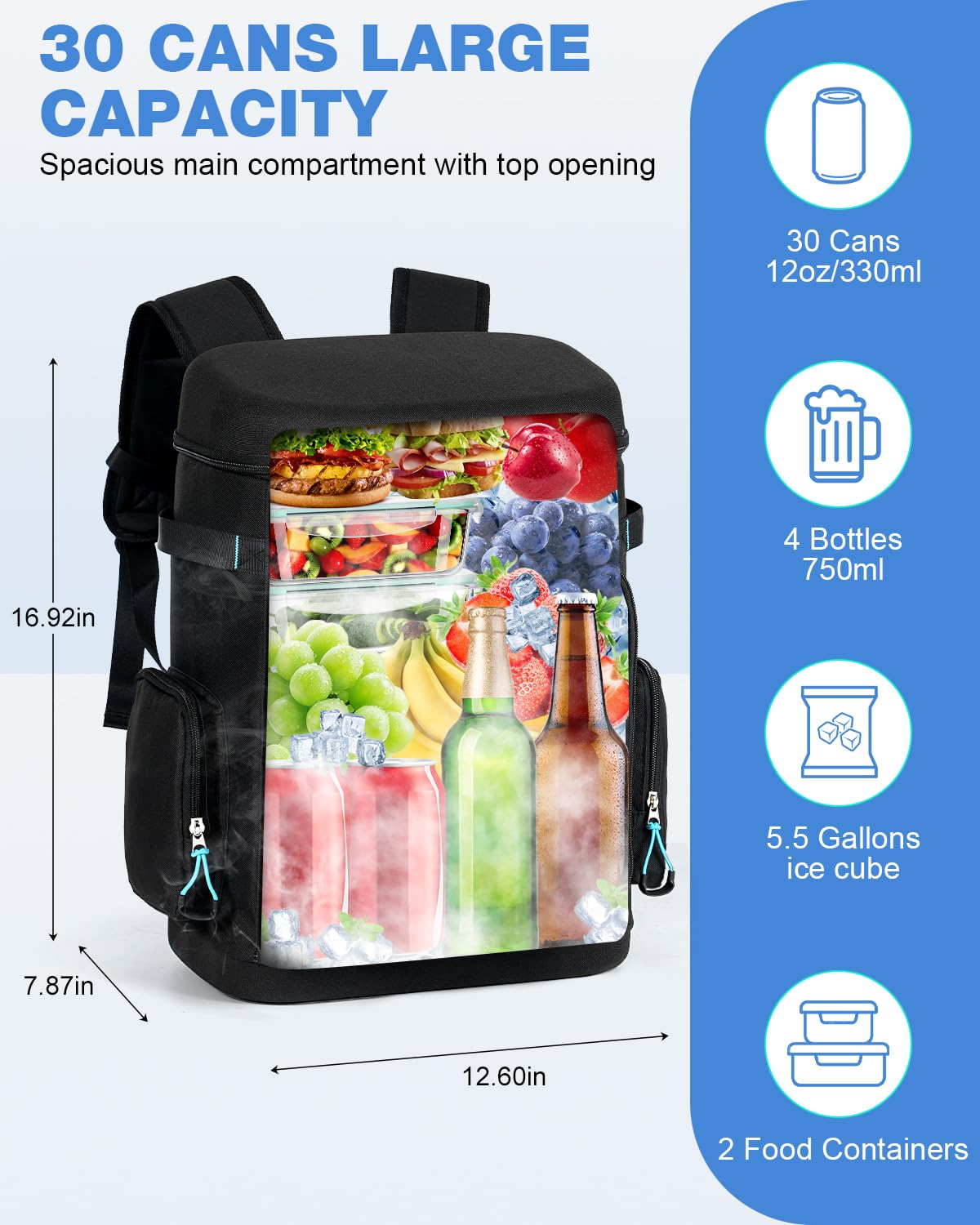 Mochila Nevera Grande, 30L Neveras Isotermica Portatil, Bolsa de Picnic con Aislamiento Hermético, Cooler Bag Tela para Playa, Camping, Viaje, Trabajo, Picnic, Negro