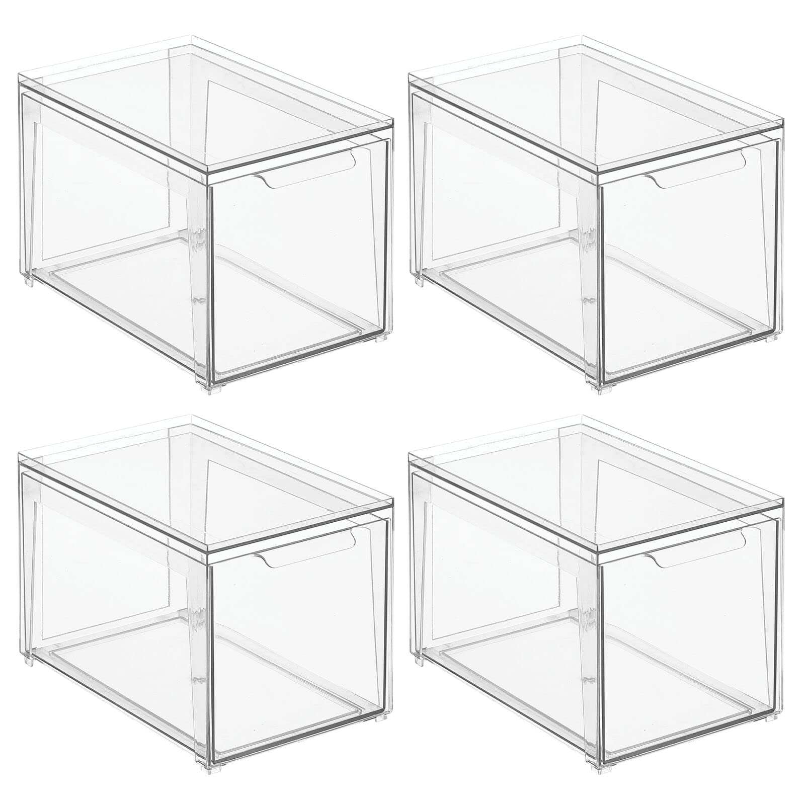 mDesign Plastic Stackable Kitchen Storage Organizer Bins with Pull Out Drawer for Cabinet, Pantry, Fridge, Freezer, Shelf, Refrigerator Organization - Lumiere Collection - 4 Pack - Clear