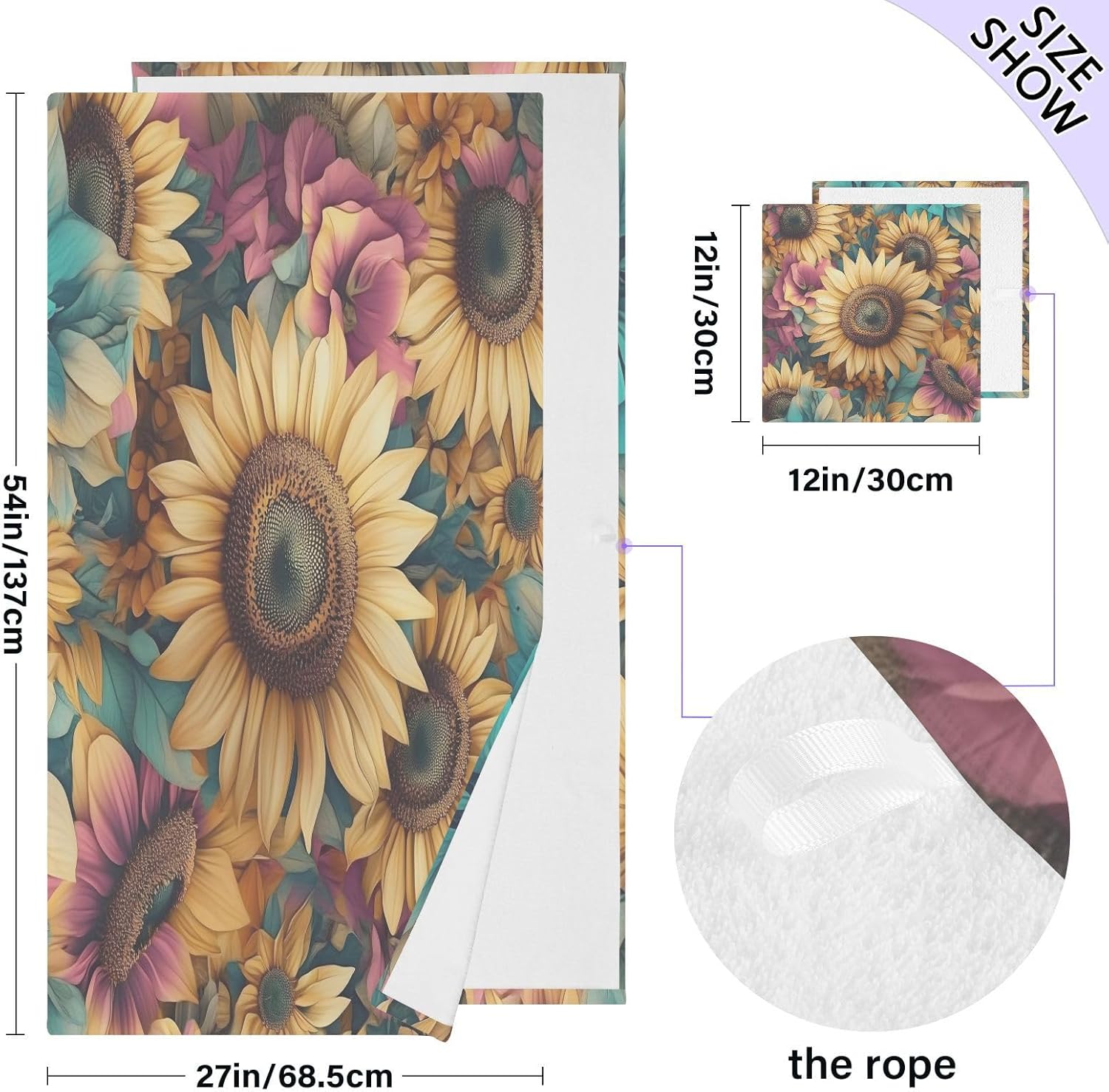 Sunflower Bath Towels Cotton Soft Absorbent Quick Dry Bath Towel Set of 2 for Home Hotel Bathroom Spa