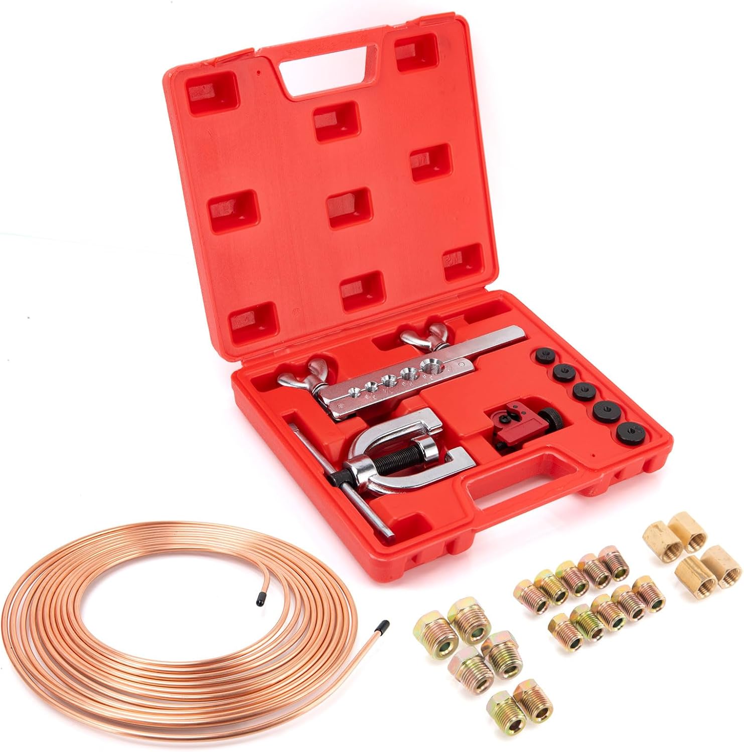 Lucky Seven 3/16" Copper Coated Brake Line Kit - 25ft w/20 Brass Fittings (4 Unions) + Double/Single Flaring Tool - Rust-Resistant for Brakes, Fuel Lines