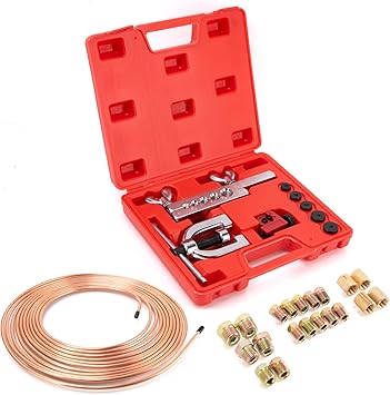 3/16" Brake Line Kit,25 ft 3/16 Copper Coated Brake Line Kit with 20 Fittings 4 Unions Included + Double & Single Flaring Tool Kit, Rust & Corrosion Resistant for Automotive, Fuel,Hydraulic Systems
