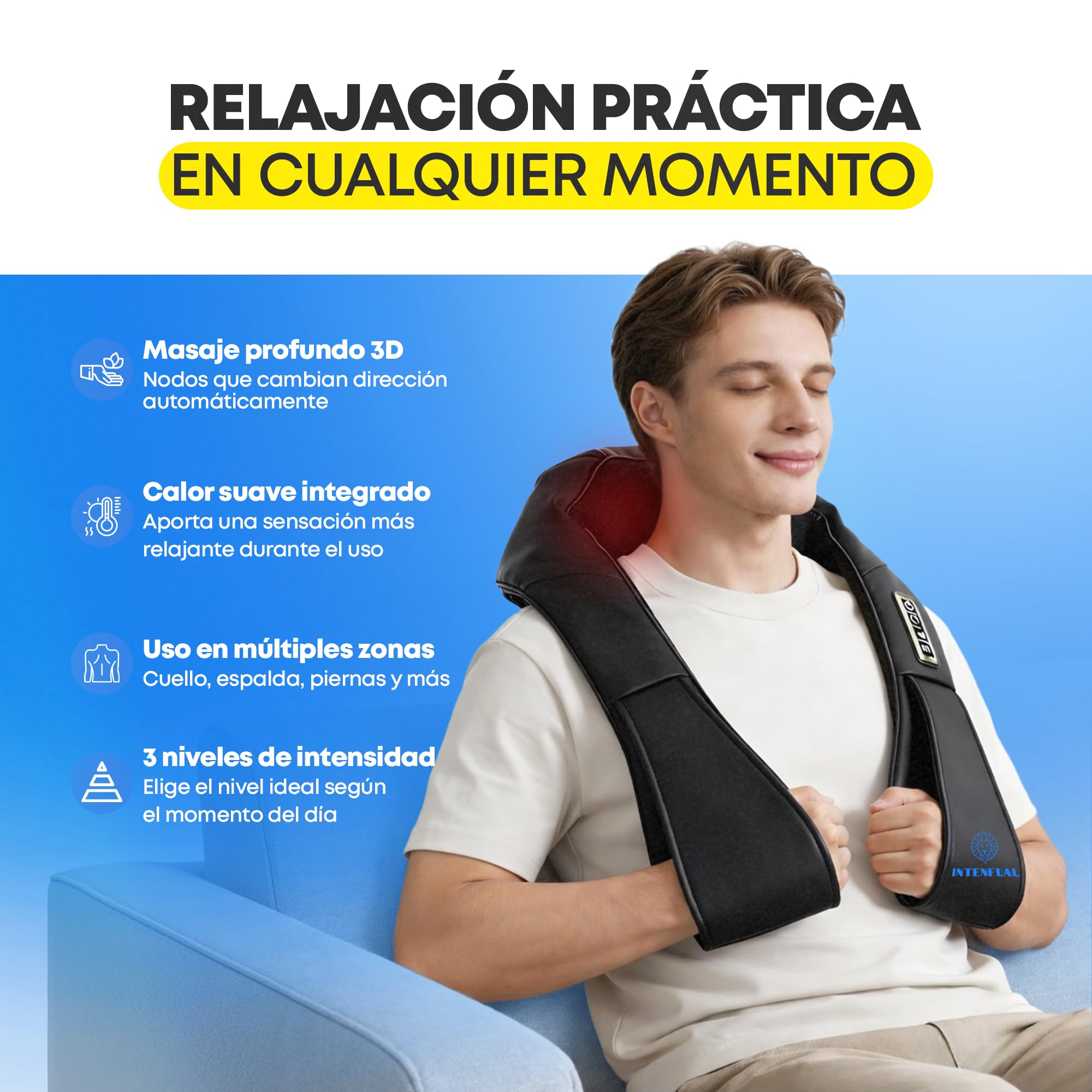 Masajeador Cervical y Espalda Shiatsu con Calor, Masajeador de Cuello, Hombros y Lumbar con 2 Nodos Rotatorios y 4 Cabezales, 3 Intensidades, Masaje Profundo 3D, Uso en Casa y Coche (No Inalámbrico)