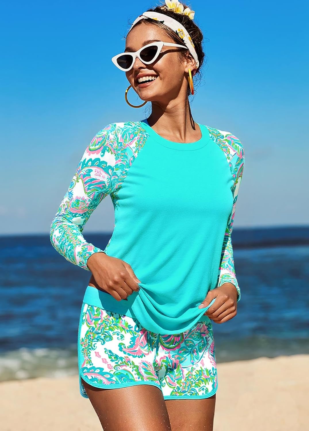 Modlily Two Piece Long Sleeves Rash Guard, Paisley Print Sun Protection Swimsuits with Board Shorts - Image 4