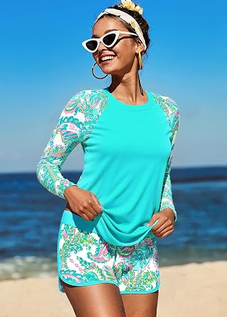 Modlily Two Piece Long Sleeves Rash Guard, Paisley Print Sun Protection Swimsuits with Board Shorts